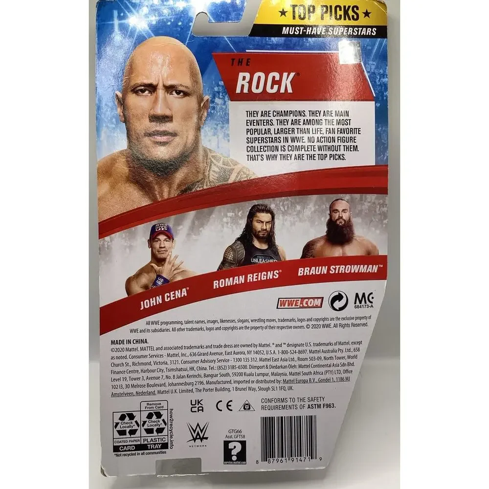WWE Basic Top Picks The Rock Action Figure Dwayne Johnson Tattoo Trunks Mattel